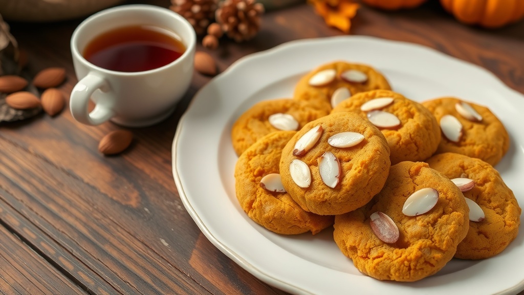 Pumpkin Almond Cookies Recipe A plate of pumpkin cookies with sliced almonds on a wooden table next to a cup of tea.